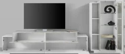 Salotto|Pareti Attrezzate > Dmora Mobile soggiorno con vetrina 280cm bianco lucido e cemento - Anisia Grigio Cemento, Bianco Lucido