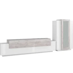Salotto|Pareti Attrezzate > Dmora Mobile soggiorno con vetrina 280cm bianco lucido e cemento - Anisia Grigio Cemento, Bianco Lucido