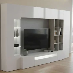 Mobile soggiorno con vetrina 290cm bianco lucido e cemento - Azuro