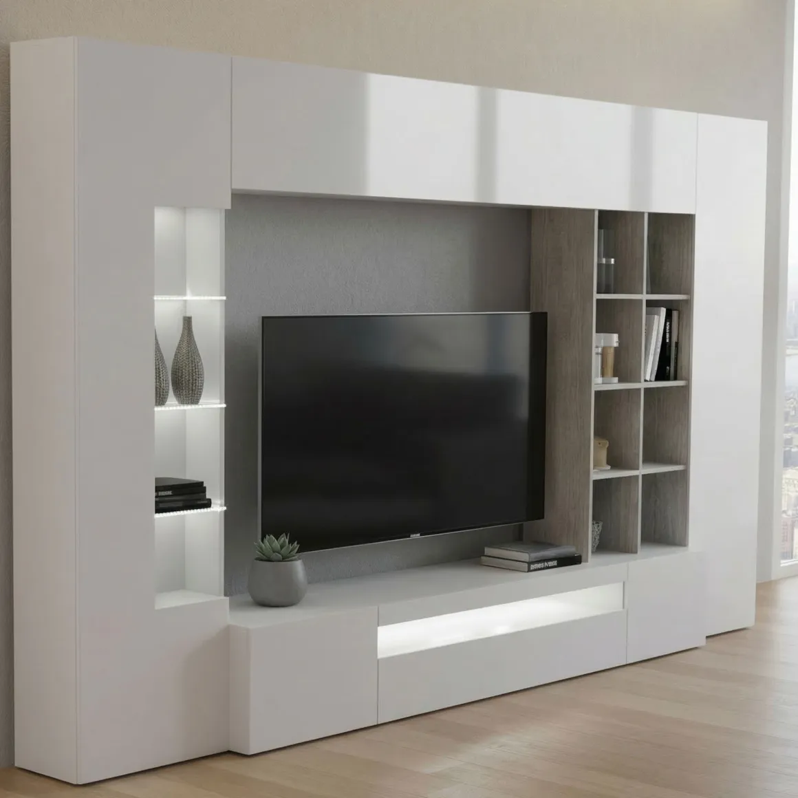 Mobile soggiorno con vetrina 290cm bianco lucido e cemento - Azuro