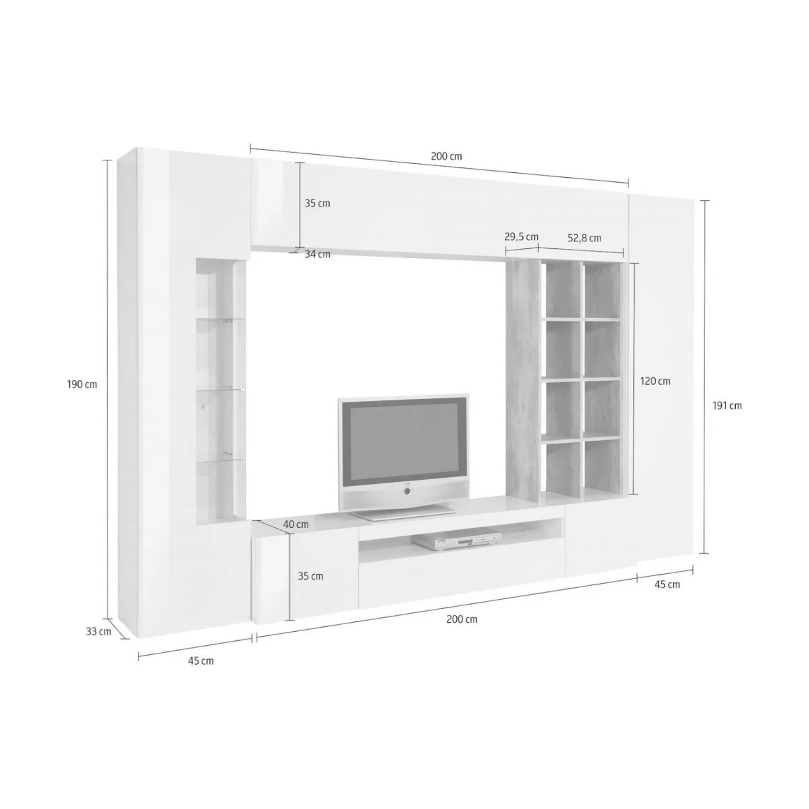 Mobile soggiorno con vetrina 290cm bianco lucido e cemento - Azuro