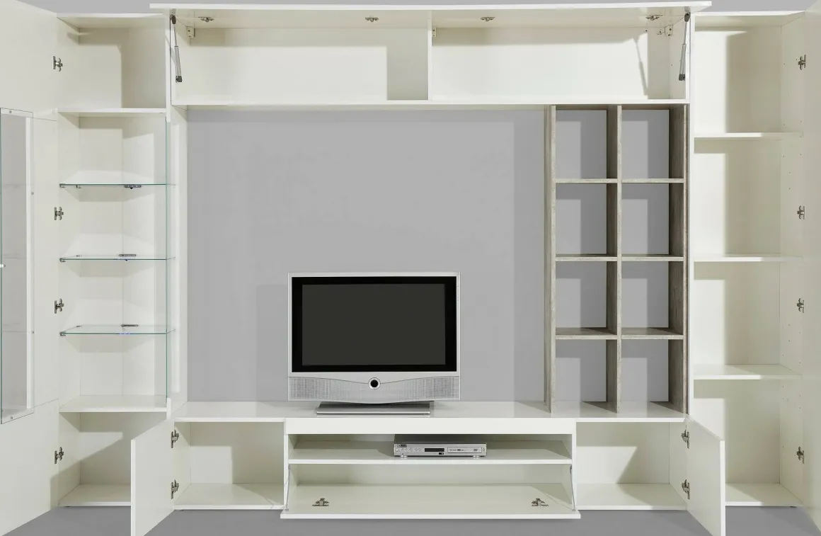 Mobile soggiorno con vetrina 290cm bianco lucido e cemento - Azuro