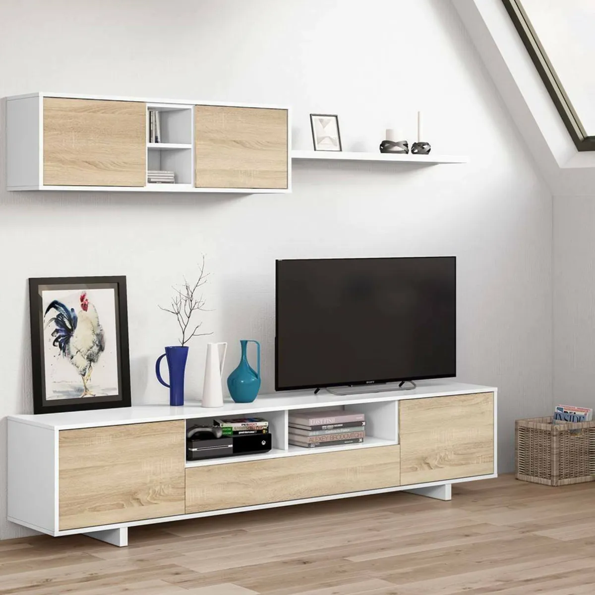 Salotto|Pareti Attrezzate > Dmora Mobile soggiorno in legno 200cm bianco lucido e rovere - Angora Marrone Rovere, Bianco Lucido