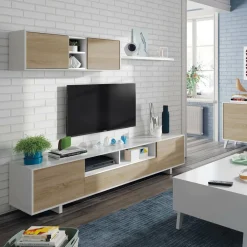 Salotto|Pareti Attrezzate > Dmora Mobile soggiorno in legno 200cm bianco lucido e rovere - Angora Marrone Rovere, Bianco Lucido
