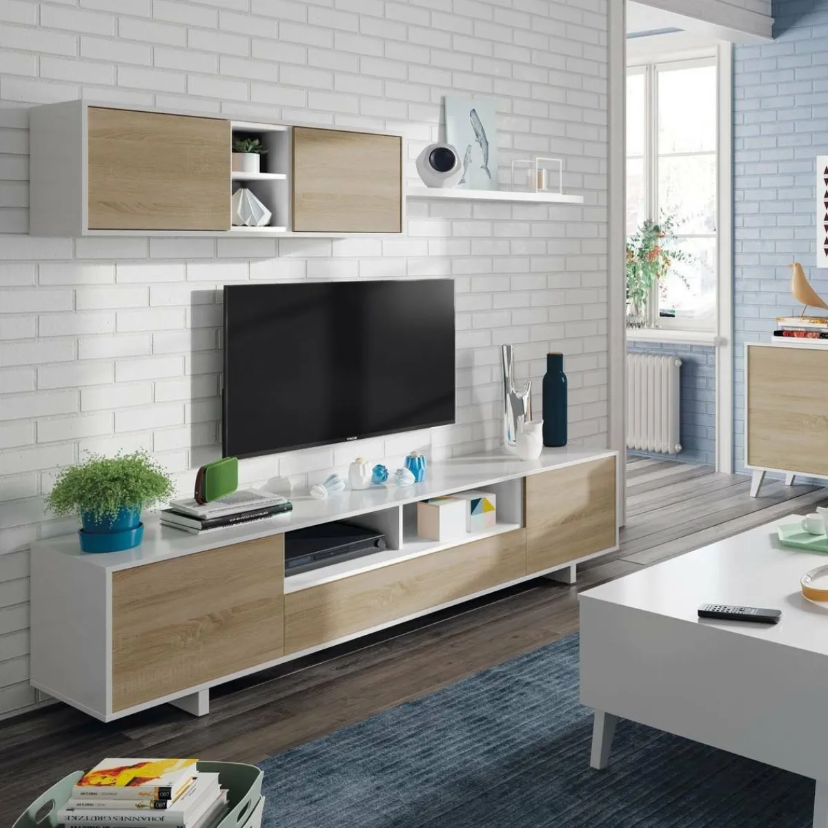 Salotto|Pareti Attrezzate > Dmora Mobile soggiorno in legno 200cm bianco lucido e rovere - Angora Marrone Rovere, Bianco Lucido