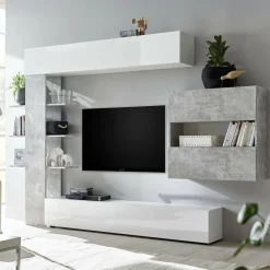 Pareti Attrezzate > Dmora Mobile soggiorno in legno e metallo 295cm bianco lucido e cemento - Aragosta Grigio Cemento, Bianco Lucido