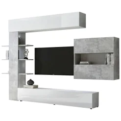 Pareti Attrezzate > Dmora Mobile soggiorno in legno e metallo 295cm bianco lucido e cemento - Aragosta Grigio Cemento, Bianco Lucido