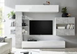 Pareti Attrezzate > Dmora Mobile soggiorno in legno e metallo 295cm bianco lucido e cemento - Aragosta Grigio Cemento, Bianco Lucido