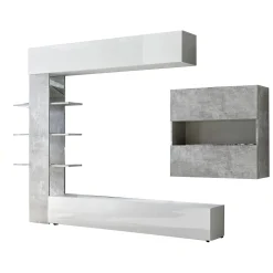 Pareti Attrezzate > Dmora Mobile soggiorno in legno e metallo 295cm bianco lucido e cemento - Aragosta Grigio Cemento, Bianco Lucido