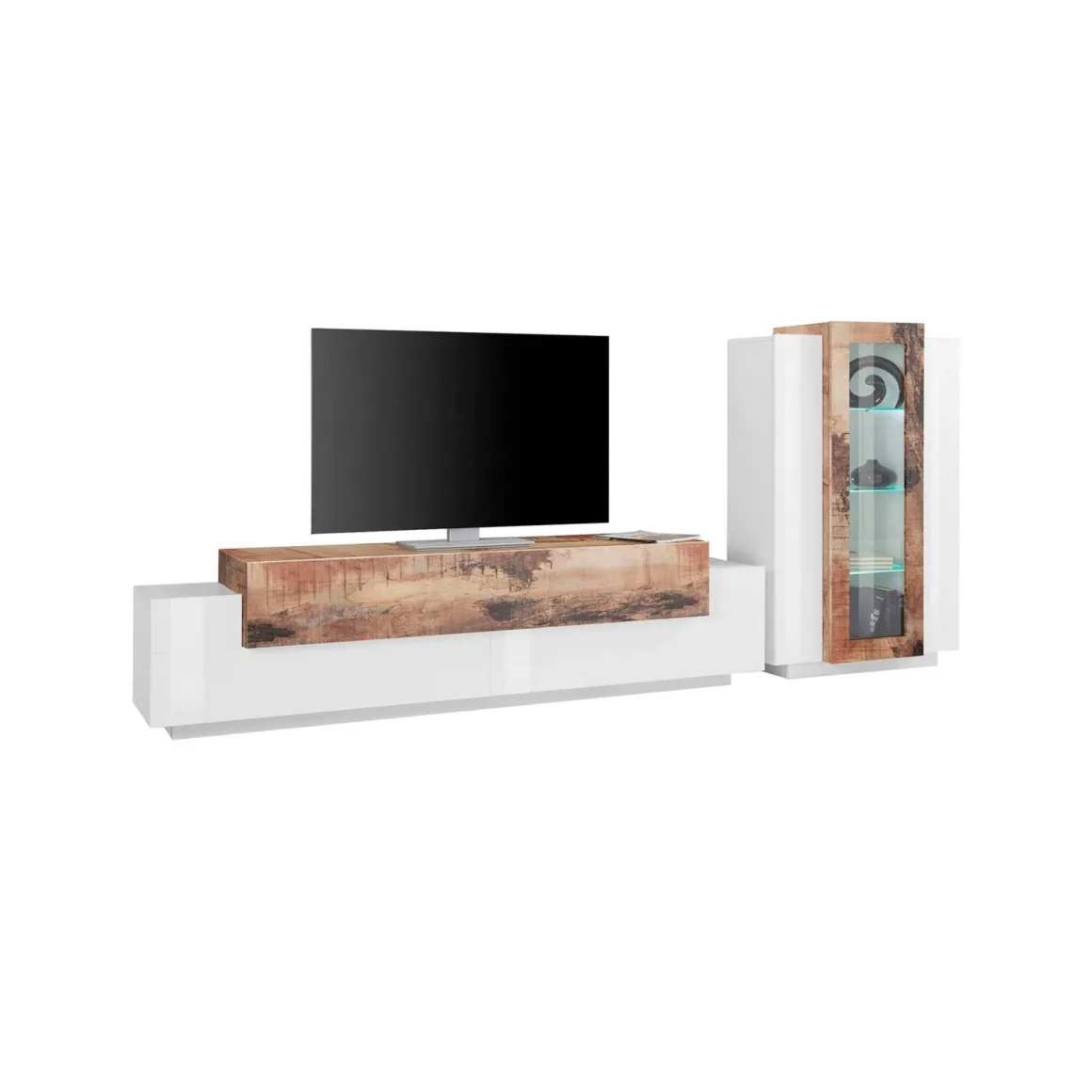 Mobile soggiorno in vetro e legno 280cm bianco lucido e acero - Anisia