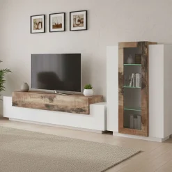 Mobile soggiorno in vetro e legno 280cm bianco lucido e acero - Anisia