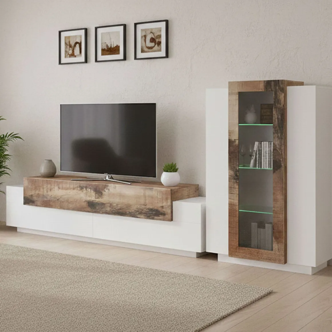 Mobile soggiorno in vetro e legno 280cm bianco lucido e acero - Anisia