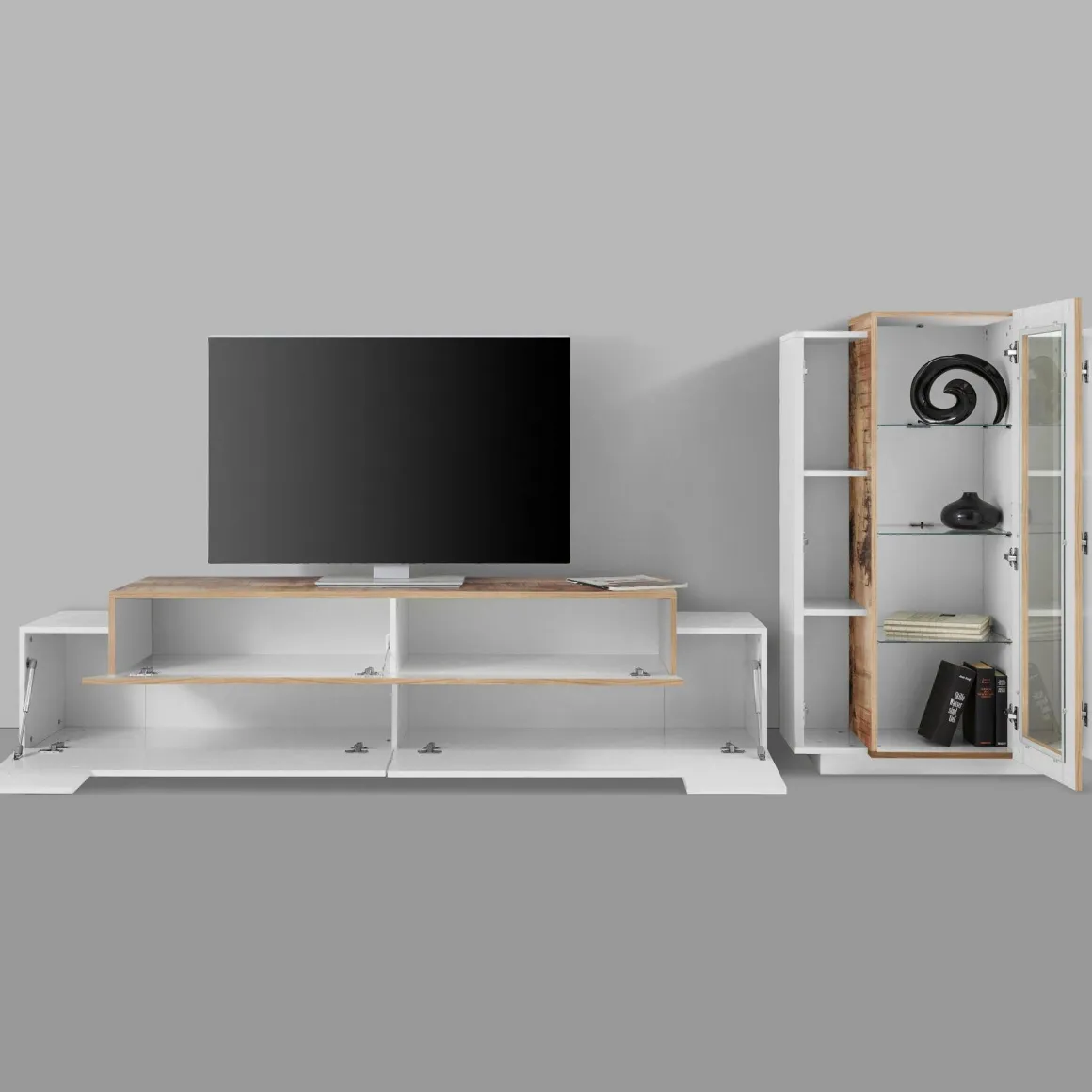 Mobile soggiorno in vetro e legno 280cm bianco lucido e acero - Anisia