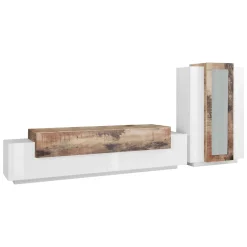 Mobile soggiorno in vetro e legno 280cm bianco lucido e acero - Anisia