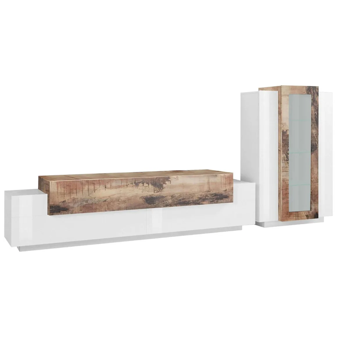 Mobile soggiorno in vetro e legno 280cm bianco lucido e acero - Anisia