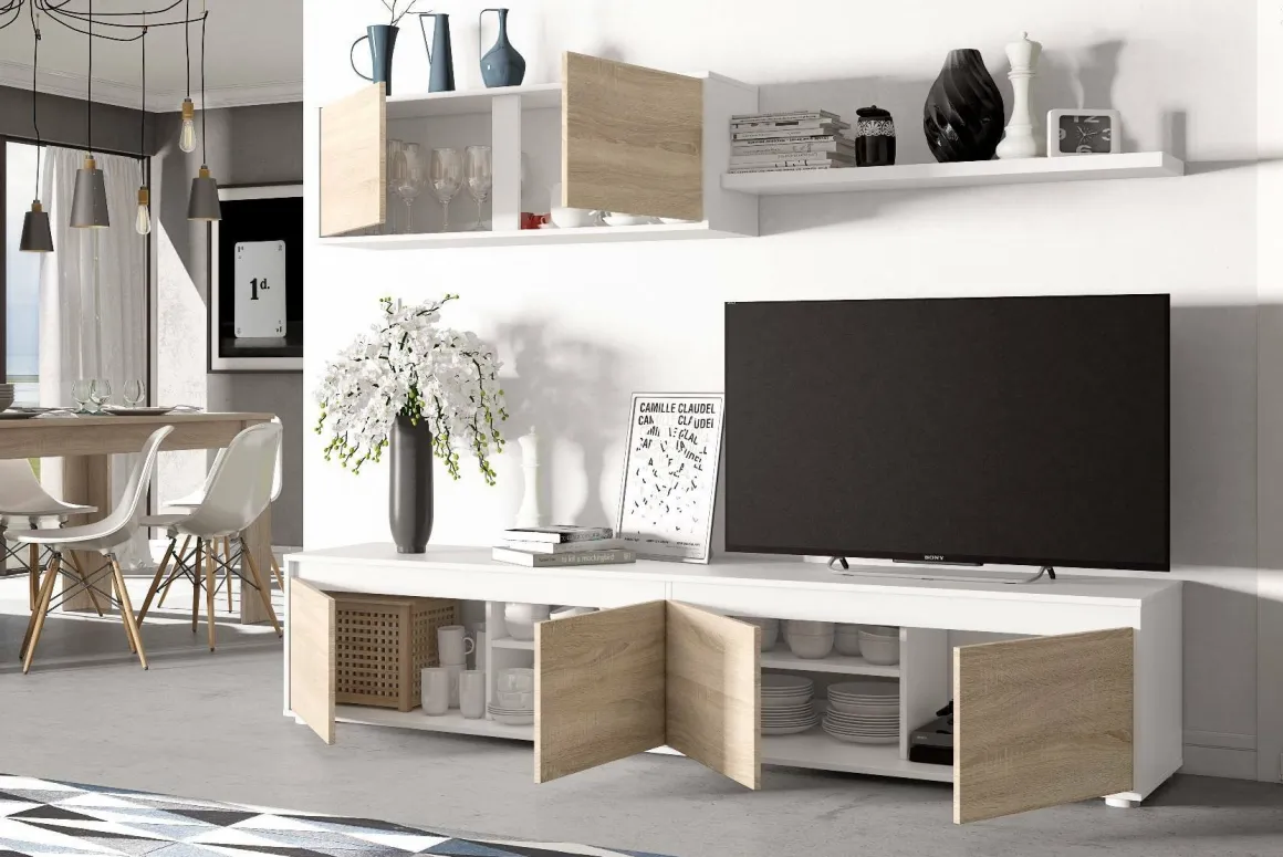 Mobile soggiorno moderno 200cm bianco e rovere - Amir