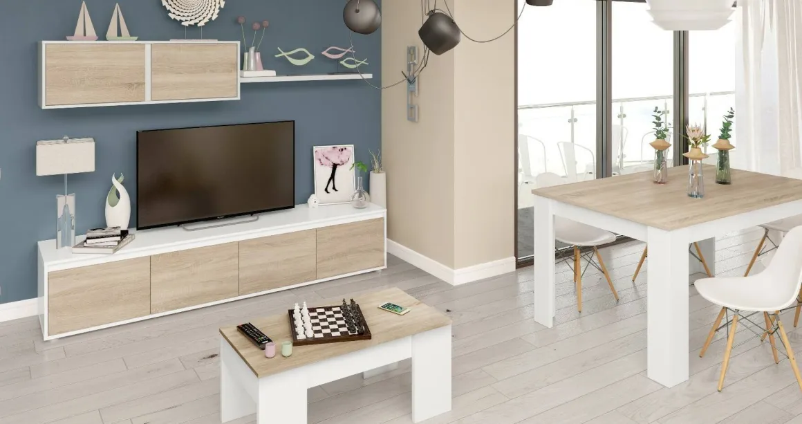 Mobile soggiorno moderno 200cm bianco e rovere - Amir