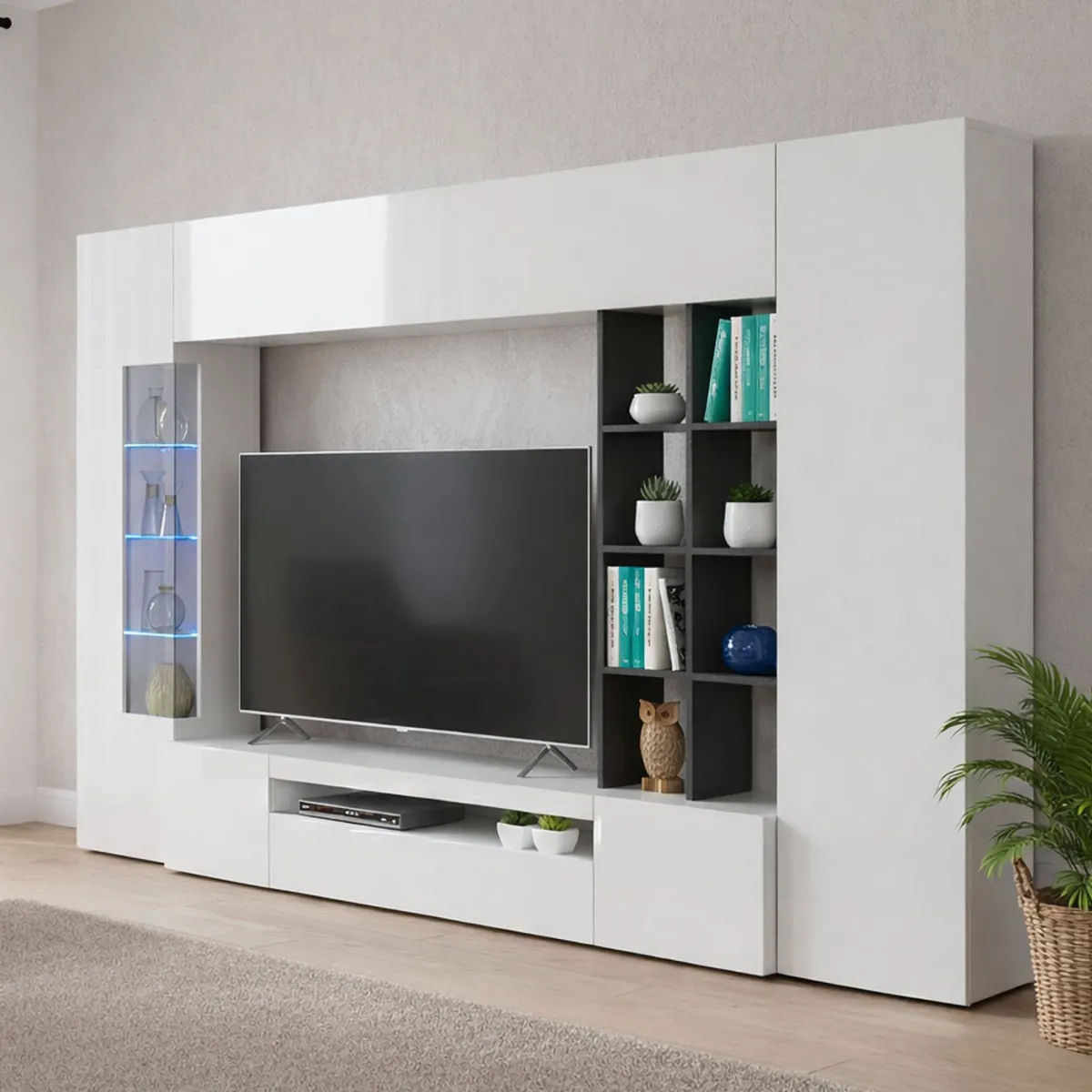 Salotto|Pareti Attrezzate > Dmora Mobile soggiorno moderno 290cm bianco lucido e ardesia - Andy Grigio Ardesia, Bianco Lucido