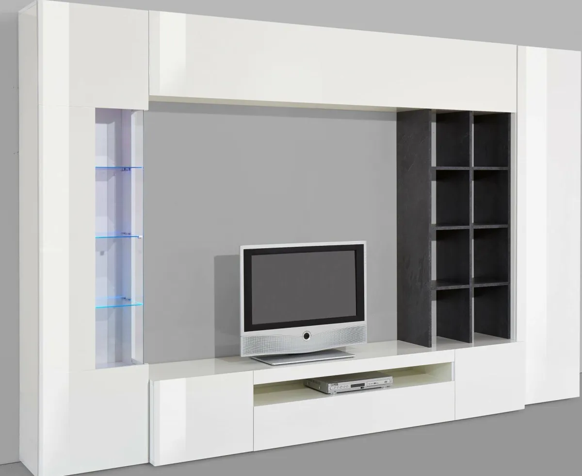 Salotto|Pareti Attrezzate > Dmora Mobile soggiorno moderno 290cm bianco lucido e ardesia - Andy Grigio Ardesia, Bianco Lucido