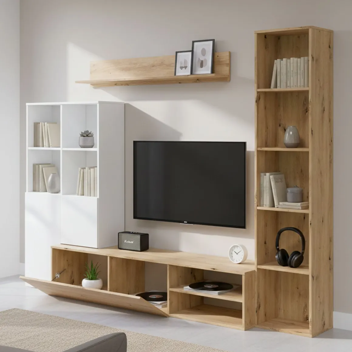 Mobile soggiorno modulabile 241cm bianco e legno - Argus