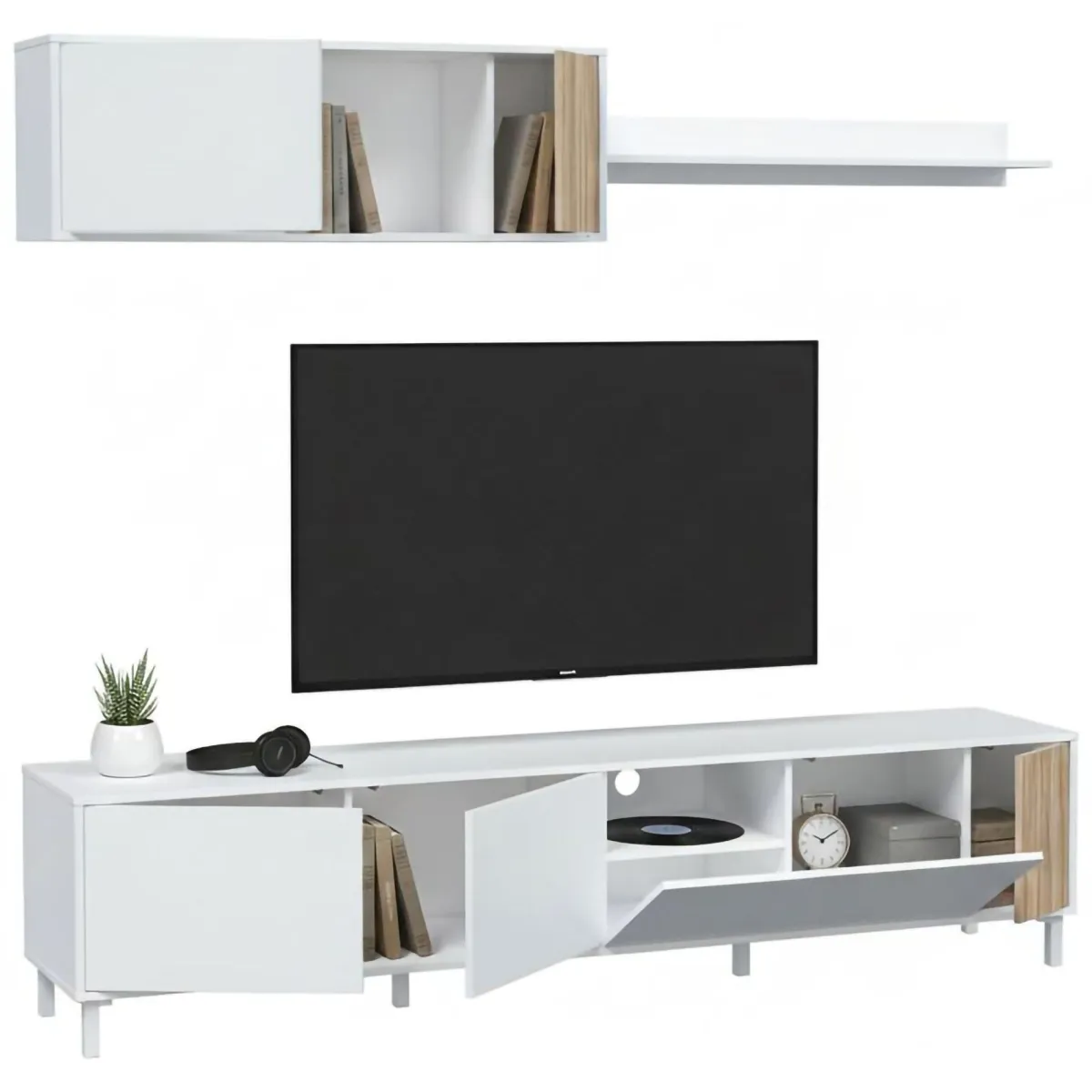Salotto|Pareti Attrezzate > Dmora Mobile soggiorno multifunzione 200cm bianco e rovere - Banari Marrone, Bianco Rovere
