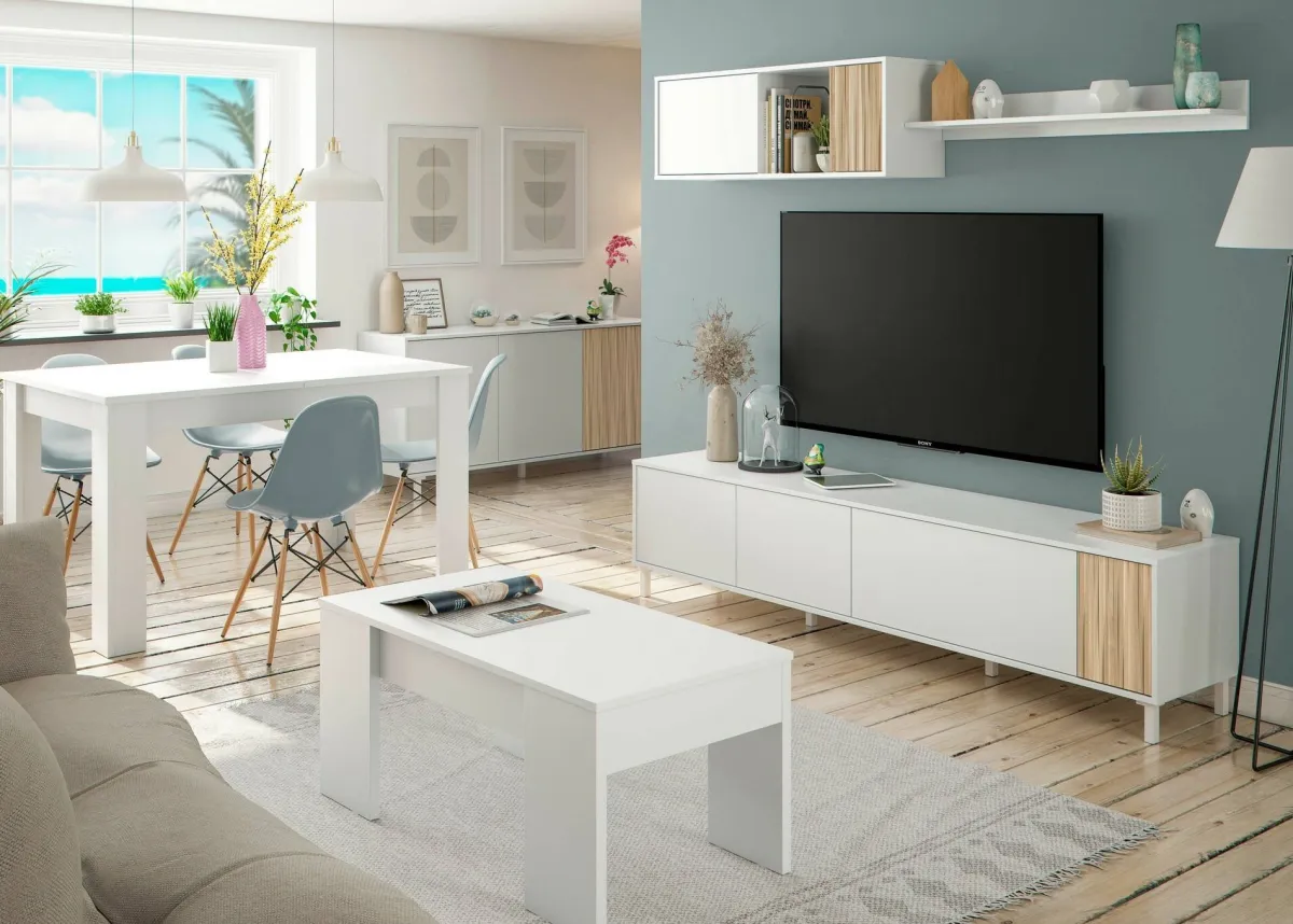 Salotto|Pareti Attrezzate > Dmora Mobile soggiorno multifunzione 200cm bianco e rovere - Banari Marrone, Bianco Rovere