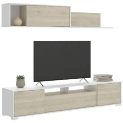 Salotto|Pareti Attrezzate > Dmora Mobile soggiorno multifunzione 270cm bianco lucido e acero - Genoveffa Marrone Acero, Bianco Lucido