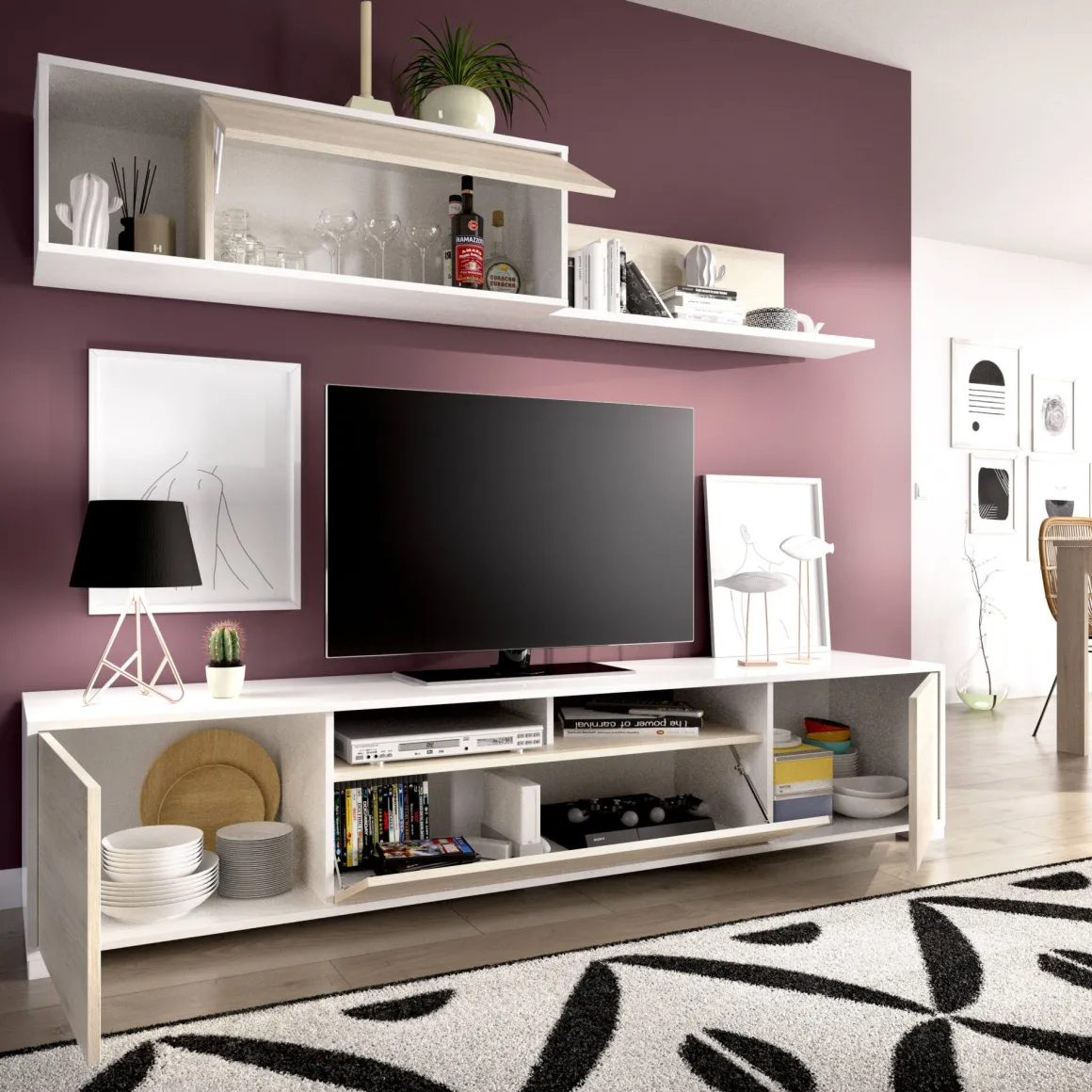 Mobile soggiorno multifunzione 200cm rovere e bianco lucido - Abbete