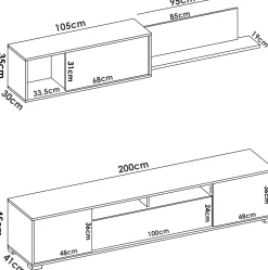 Mobile soggiorno multifunzione 200cm rovere e bianco lucido - Abbete