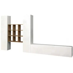 Salotto|Pareti Attrezzate > Dmora Mobile soggiorno multifunzione 270cm bianco lucido e acero - Genoveffa Marrone Acero, Bianco Lucido
