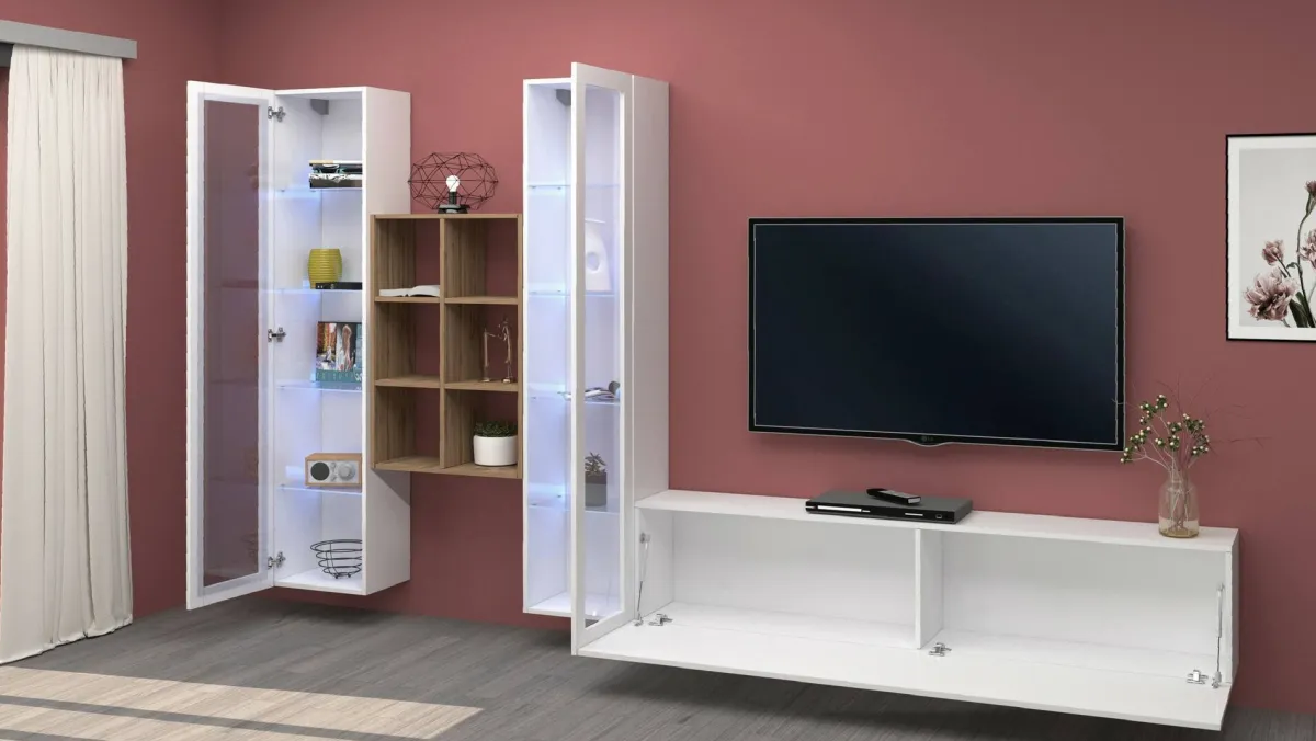 Salotto|Pareti Attrezzate > Dmora Mobile soggiorno 15 ripiani 320cm - Lome Bianco Lucido