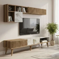 Salotto|Pareti Attrezzate > Dmora Mobile soggiorno smart 180cm noce e bianco marmo - Ostro Bianco Marmo, Marrone Noce