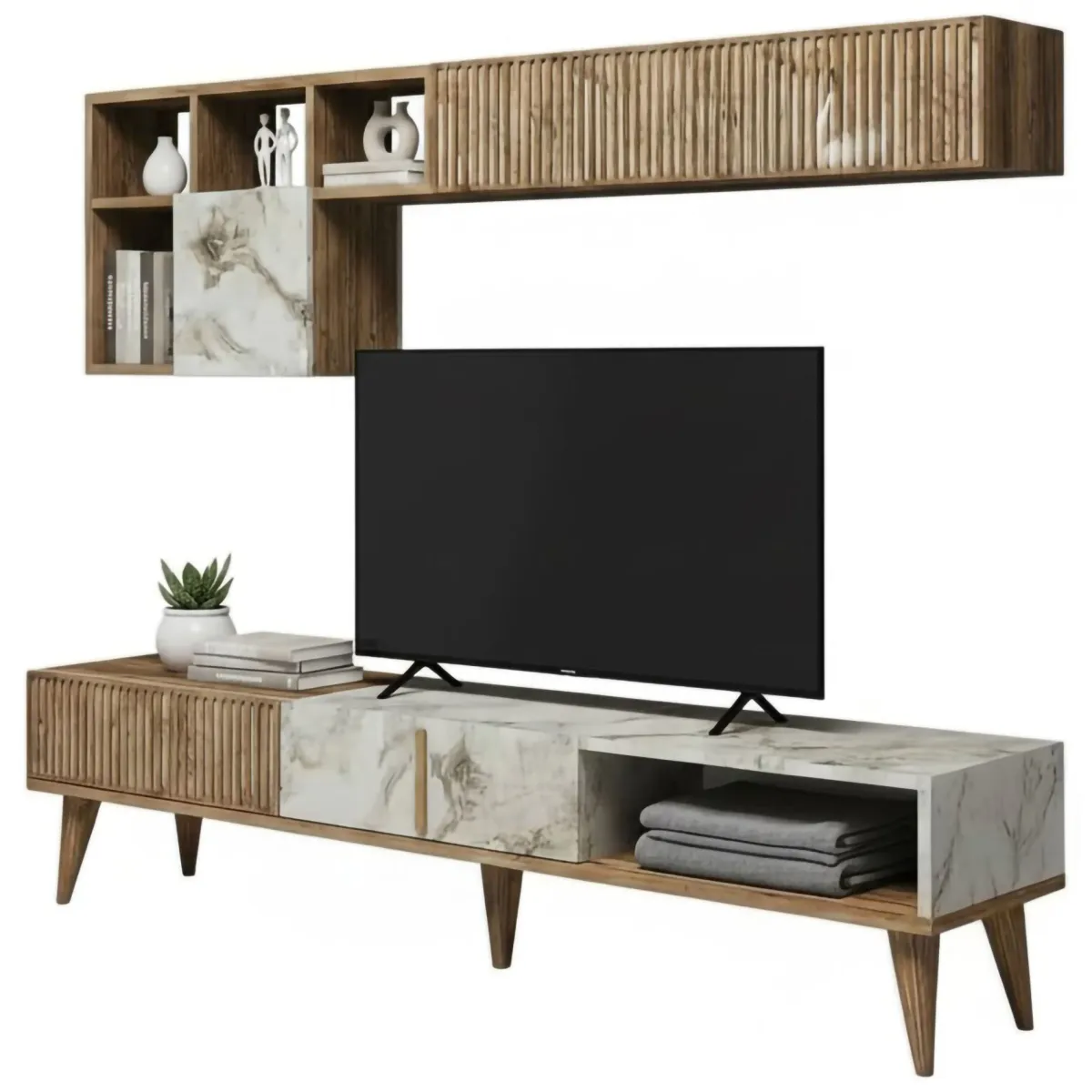 Salotto|Pareti Attrezzate > Dmora Mobile soggiorno smart 180cm noce e bianco marmo - Ostro Bianco Marmo, Marrone Noce