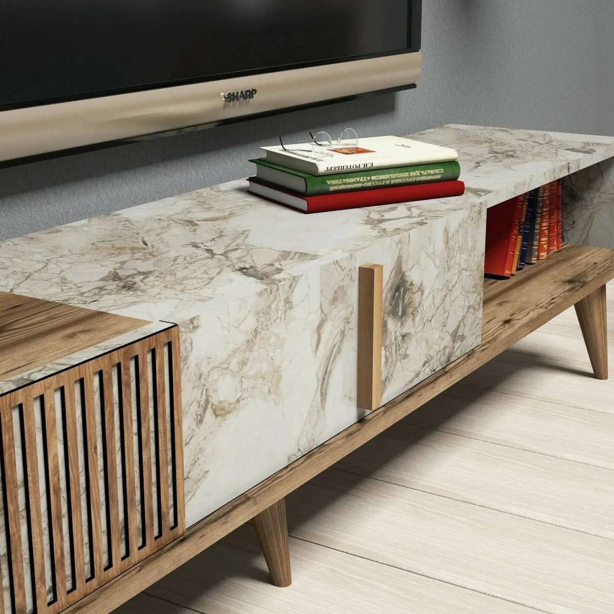 Salotto|Pareti Attrezzate > Dmora Mobile soggiorno smart 180cm noce e bianco marmo - Ostro Bianco Marmo, Marrone Noce
