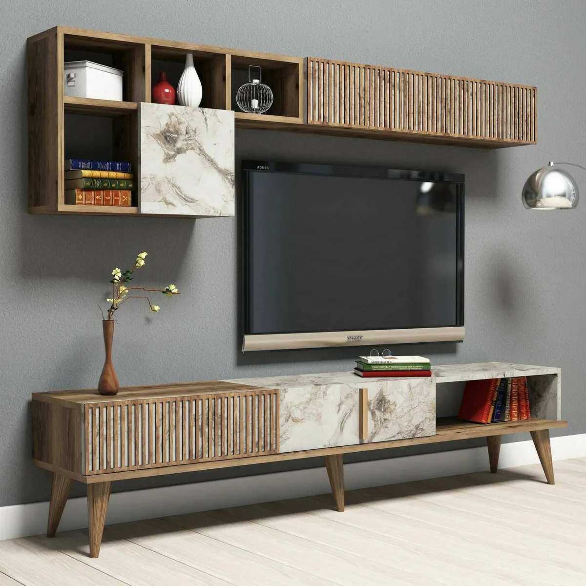 Salotto|Pareti Attrezzate > Dmora Mobile soggiorno smart 180cm noce e bianco marmo - Ostro Bianco Marmo, Marrone Noce