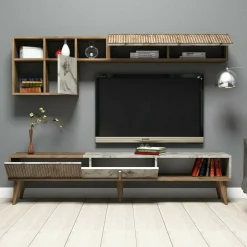 Salotto|Pareti Attrezzate > Dmora Mobile soggiorno smart 180cm noce e bianco marmo - Ostro Bianco Marmo, Marrone Noce