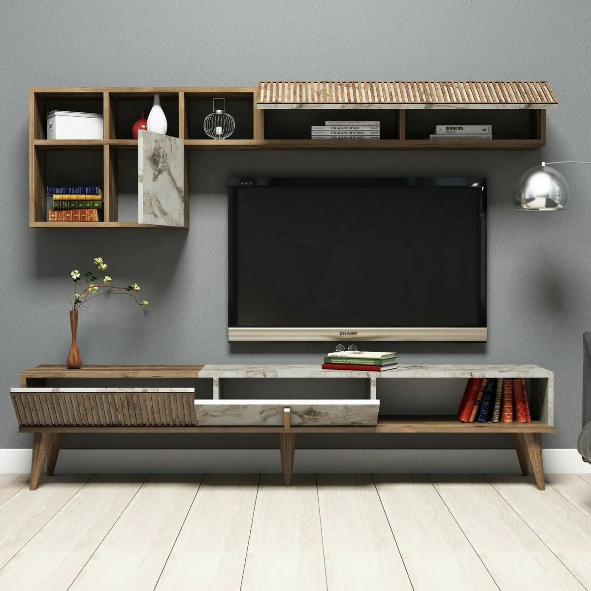 Salotto|Pareti Attrezzate > Dmora Mobile soggiorno smart 180cm noce e bianco marmo - Ostro Bianco Marmo, Marrone Noce