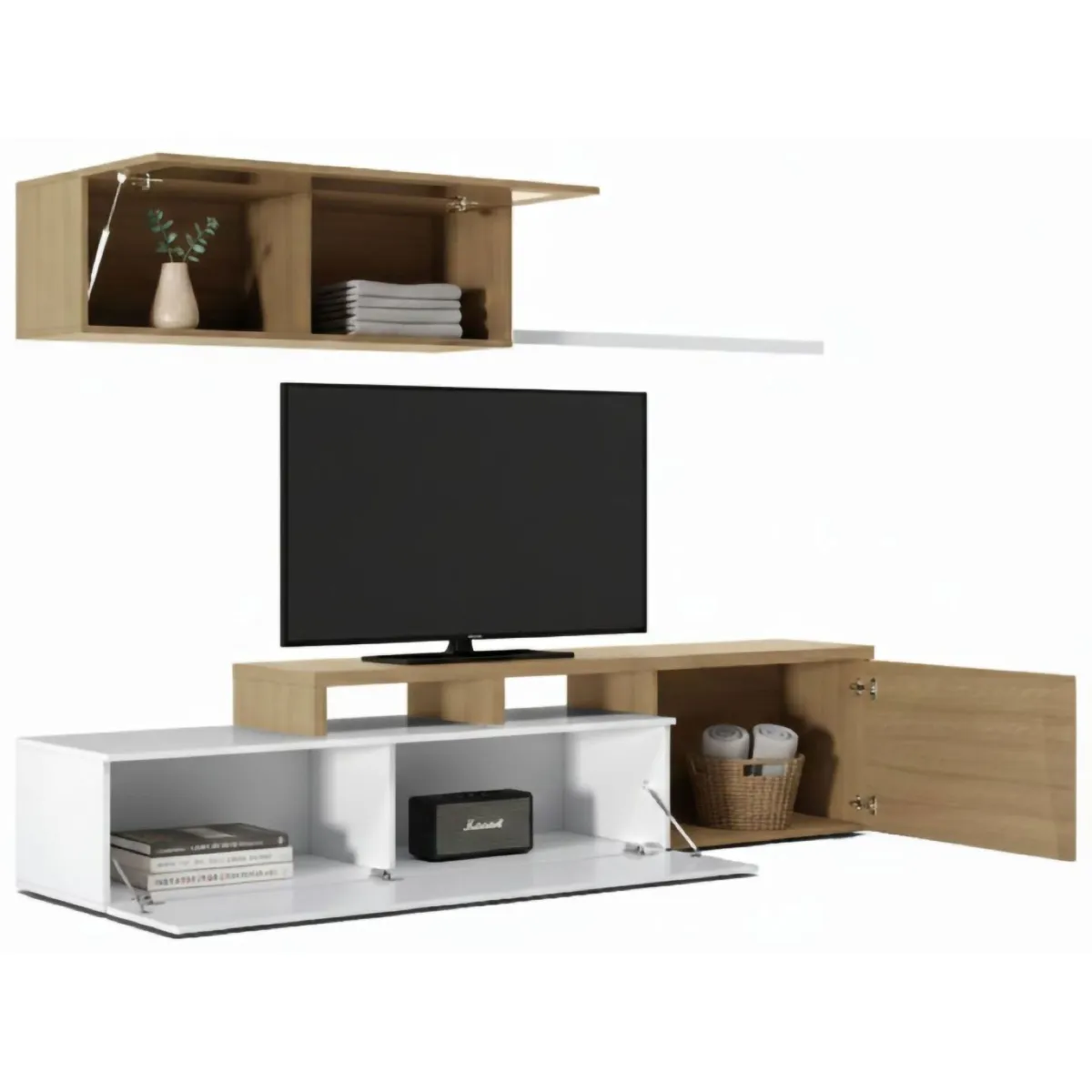 Salotto > Dmora Mobile soggiorno smart 200cm rovere e bianco lucido - Amitraz Bianco Lucido, Marrone Rovere