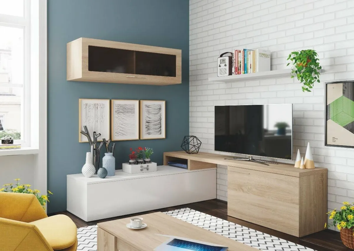 Salotto > Dmora Mobile soggiorno smart 200cm rovere e bianco lucido - Amitraz Bianco Lucido, Marrone Rovere