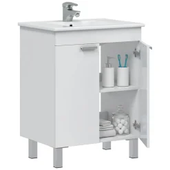 Mobile Sottolavabo Bianco Lucido 2 Ante Apertura Battente 60x45x80h cm, Piedini Alluminio - Polino