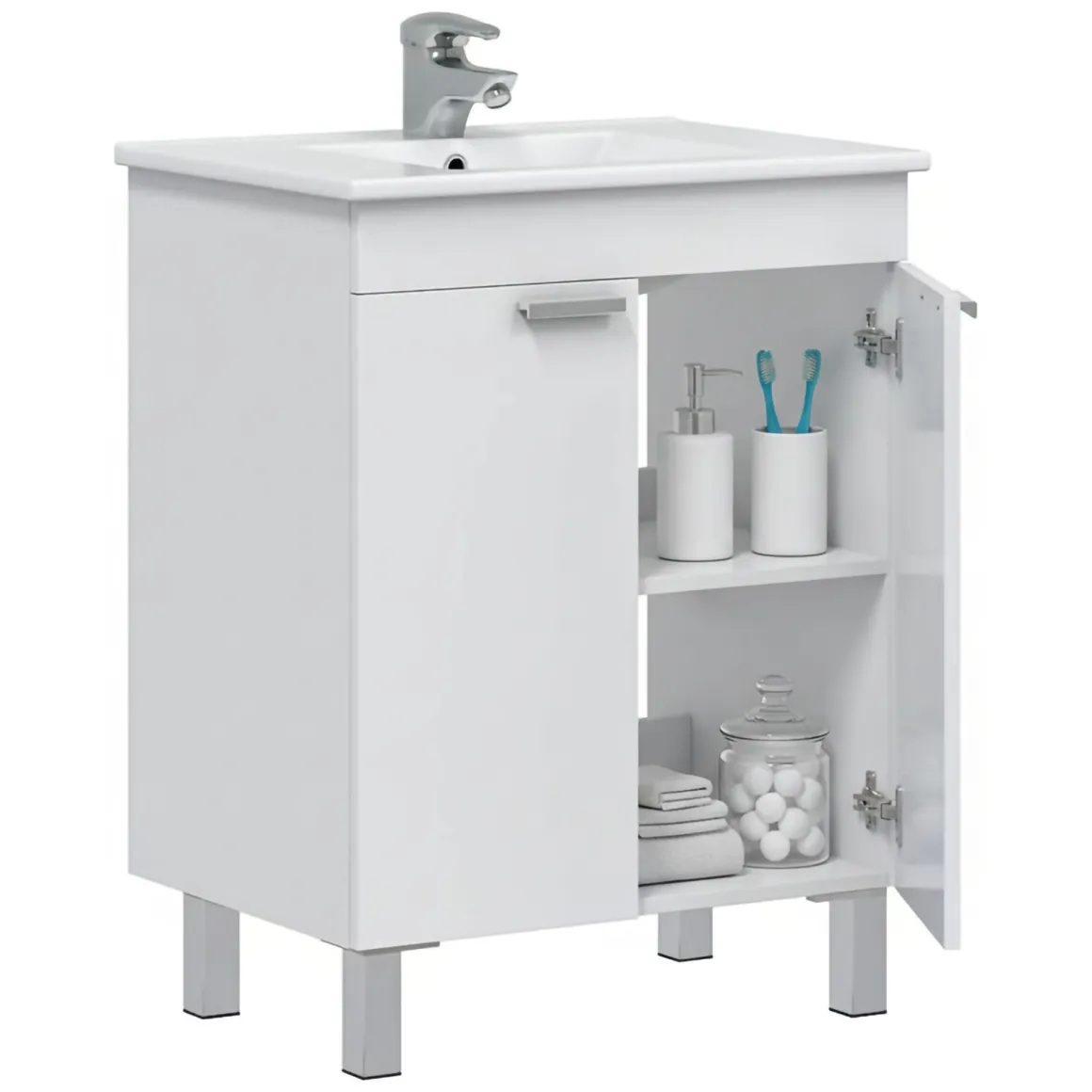 Mobili Sottolavabo > Dmora Mobile Sottolavabo 2 Ante Apertura Battente 70x45x80h cm, Piedini Alluminio - Cariati Bianco Lucido