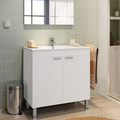 Mobile Sottolavabo Bianco Lucido 2 Ante Apertura Battente 80x45x80h cm, Piedini Alluminio - Massiola