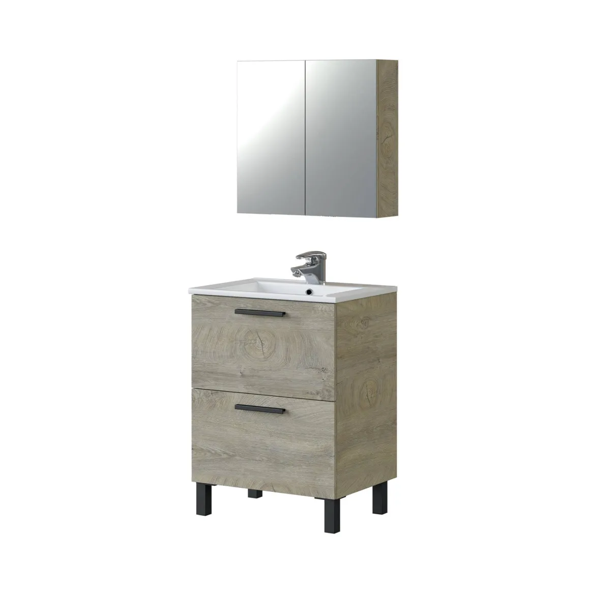 Mobili Sottolavabo > Dmora Mobile sottolavabo 2 cassetti 61x46x79h cm rovere nodi e bianco lucido - Lisbona Bianco Lucido, Marrone Rovere Nodi