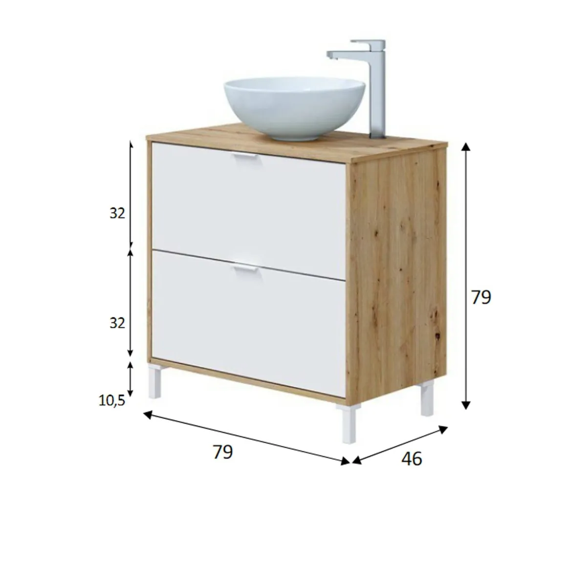 Mobile sottolavabo 2 cassetti 79x46x79h cm rovere nodi e bianco lucido - Bellegra