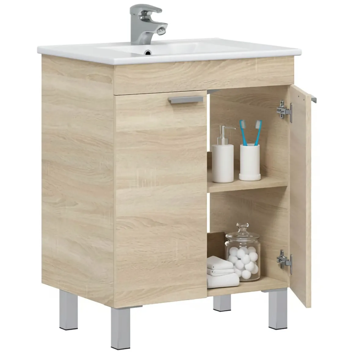 Mobili Sottolavabo > Dmora Mobile Sottolavabo 2 Ante Apertura Battente 70x45x80h cm, Piedini Alluminio - Cariati Marrone Rovere