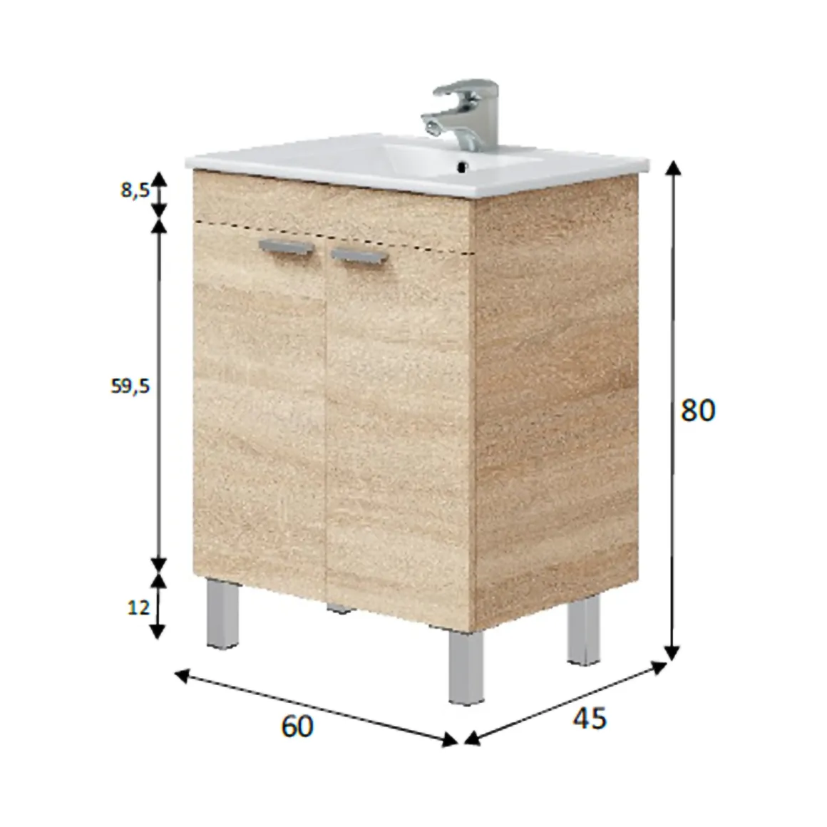 Mobili Sottolavabo > Dmora Mobile Sottolavabo 2 Ante Apertura Battente 70x45x80h cm, Piedini Alluminio - Cariati Marrone Rovere