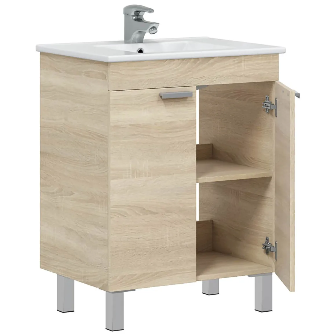 Mobili Sottolavabo > Dmora Mobile Sottolavabo 2 Ante Apertura Battente 70x45x80h cm, Piedini Alluminio - Cariati Marrone Rovere