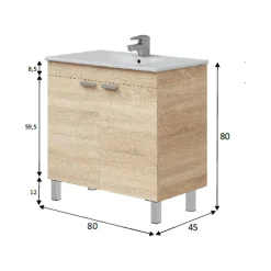 Mobile Sottolavabo Marrone Rovere 2 Ante Apertura Battente 80x45x80h cm, Piedini Alluminio - Massiola