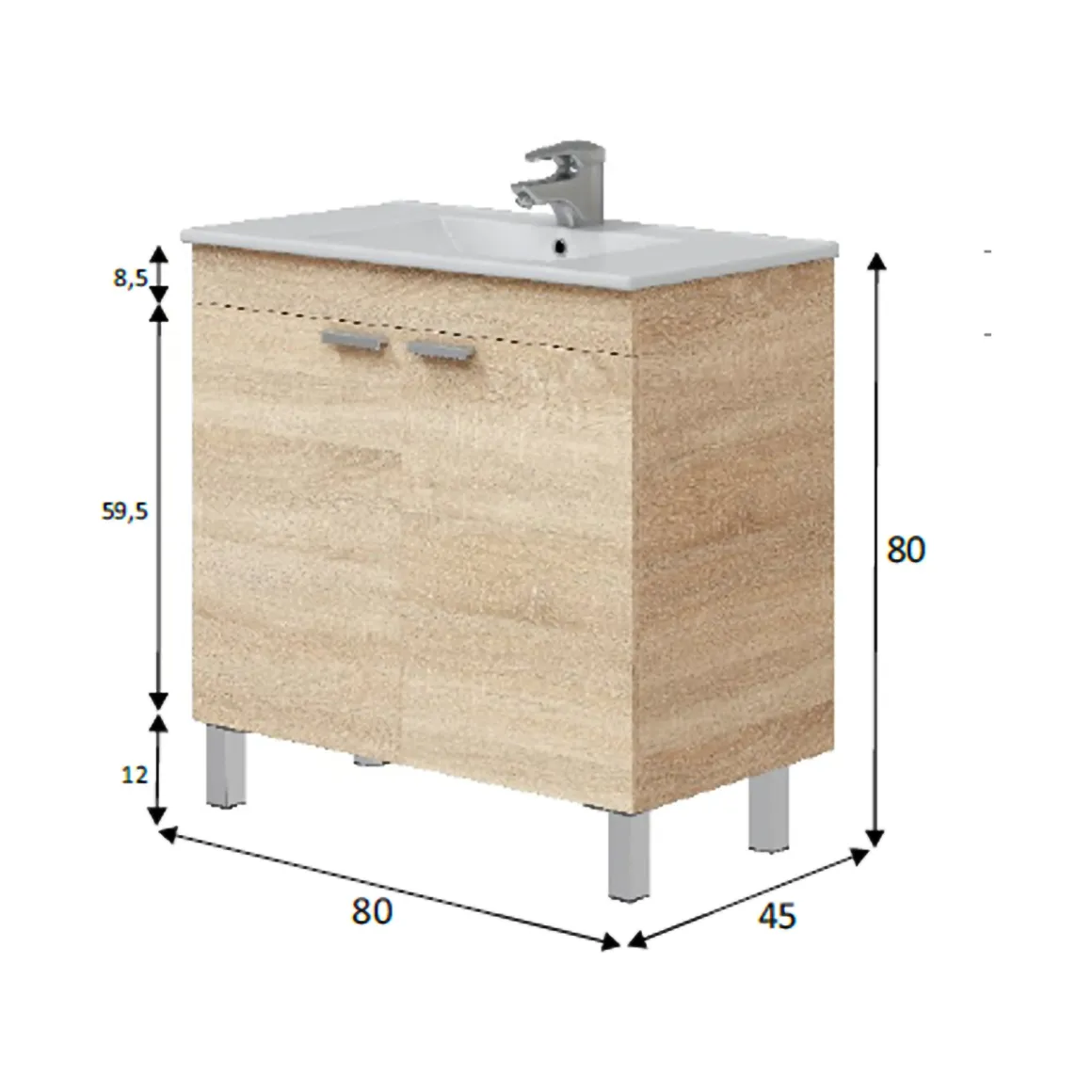 Mobile Sottolavabo Marrone Rovere 2 Ante Apertura Battente 80x45x80h cm, Piedini Alluminio - Massiola