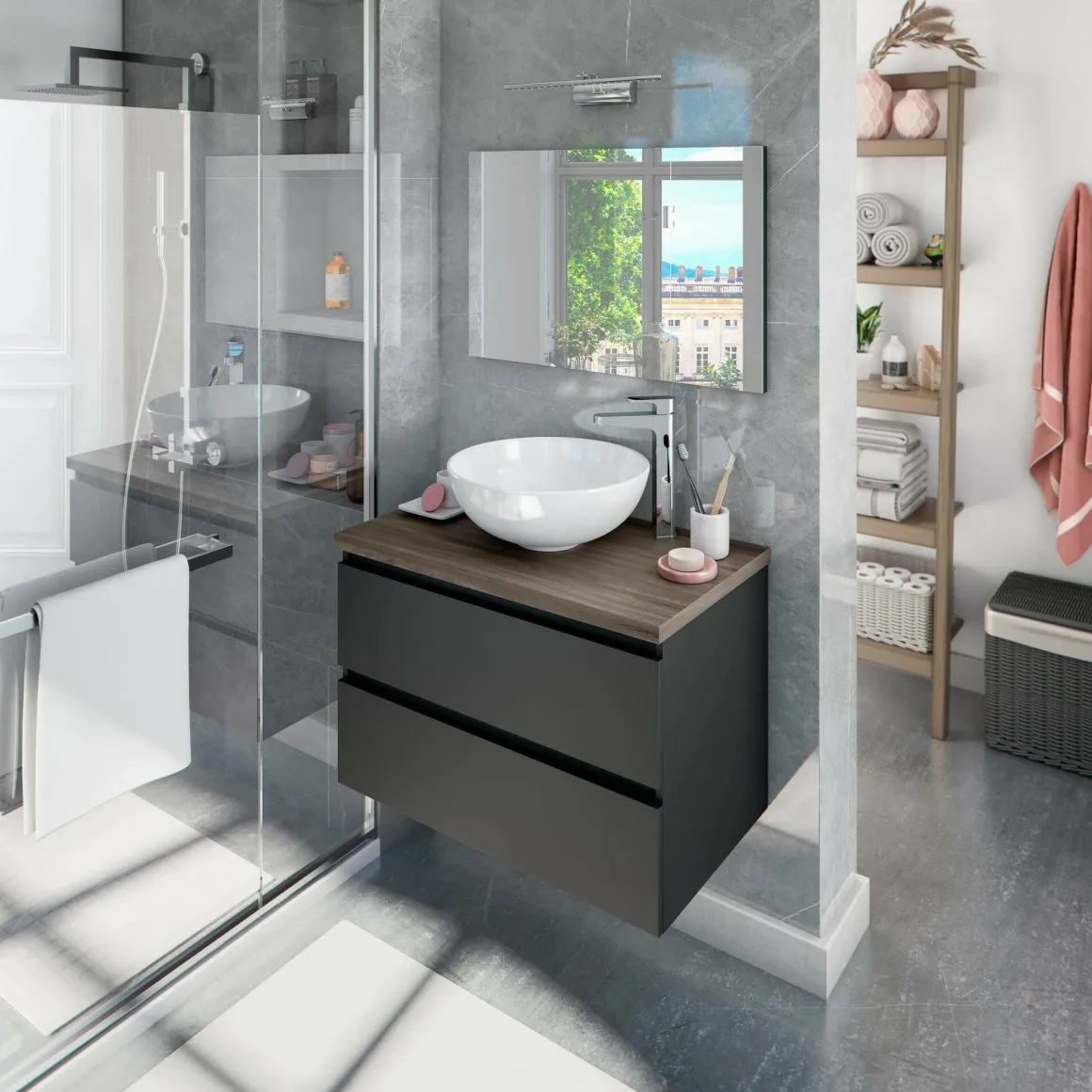 Mobile Sottolavabo Nero Antracite Marrone Noce Specchio Incluso 2 Cassetti 78.5x46x53h cm, Ante - Alakdan